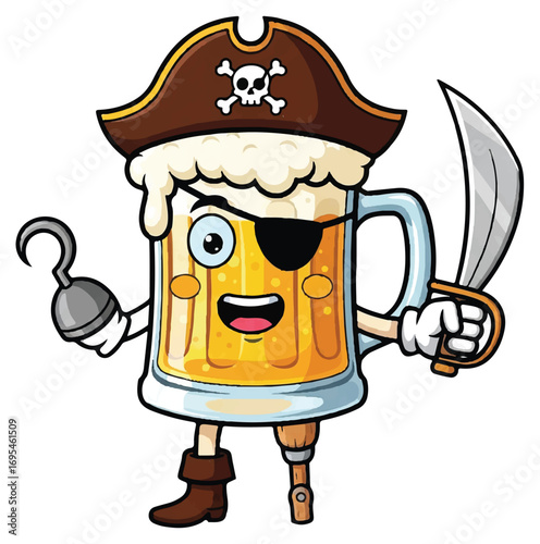 A cartoon illustration of a beer mug character dressed as a pirate, complete with an eyepatch, hat, hook hand, and cutlass sword.