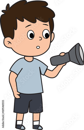 Cartoon Boy Holding a Flashlight with a Surprised Expression.