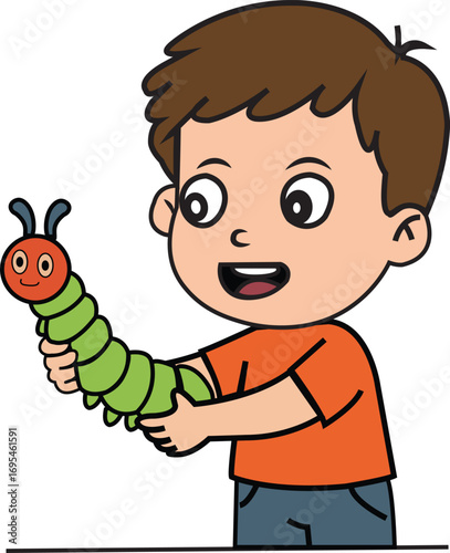 Cartoon Boy Holding a Green Caterpillar with Orange Head and Antennae.