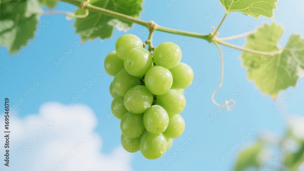 Obraz premium A bunch of Shine Muscat grapes (green grapes) hangs on the branch, looking fresh and plump against the blue sky.
