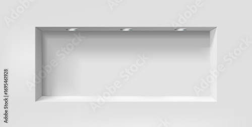 3d realistic vector illustration. White wall long square niche box shelf with spot lights.
