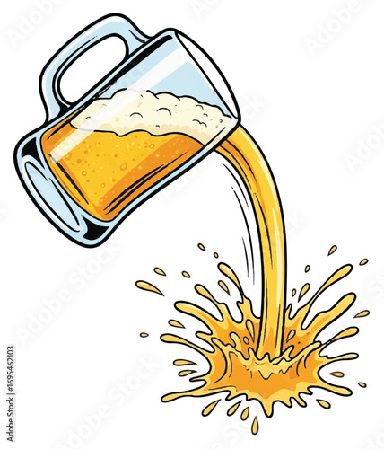 Illustration of a beer mug pouring golden liquid, creating a splash with foam.