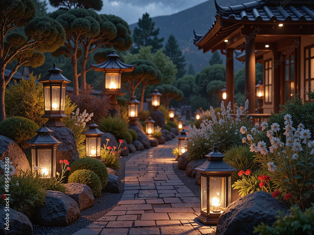 Fototapeta premium Warm candlelight brings a magical and intimate ambiance to the garden.