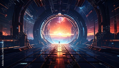 A futuristic tunnel corridor opens to a vibrant sunset, showcasing intricate architecture and a sense of wonder.