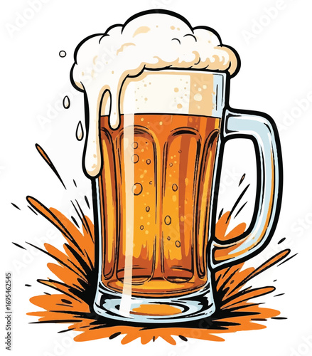 A cartoon illustration of a beer mug overflowing with foamy beer, with a splash effect around the base.