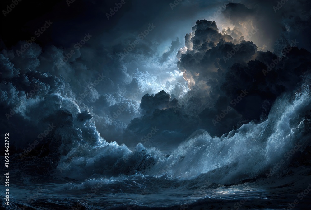 Obraz premium Ominous sky churning dark clouds gather, illuminated by a soft glow, above restless, tempestuous waves suggesting turbulent weather