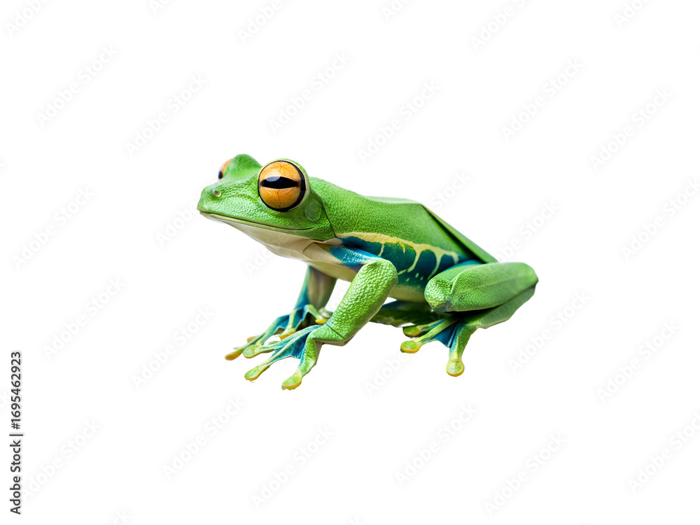 Fototapeta premium Detailed macro shot of a beautiful green tree frog with striking orange eyes and blue sides, perfectly isolated on a white background