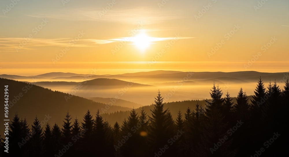 Naklejka premium Golden Sunrise over Misty Mountains