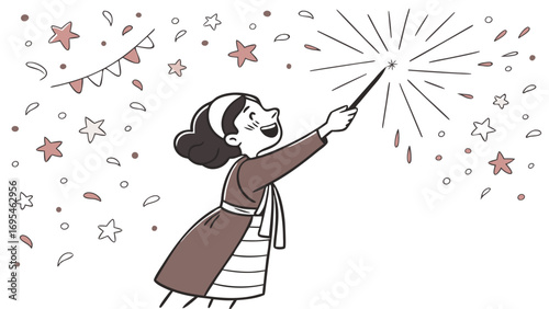 Young girl holding a magic wand with sparklers and confetti