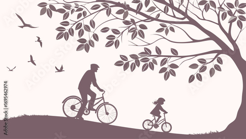 Father and child cycling together under a large tree