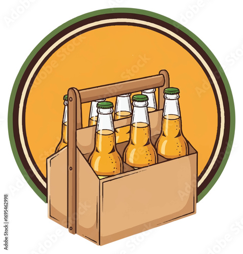 A six-pack of amber-colored beverages in a cardboard carrier, presented within a circular graphic.