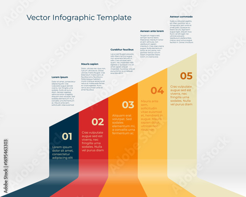 Abstract vector diagram showing rising ribbons in red, orange, and dark blue colors, symbolizing business growth and development with explanation text