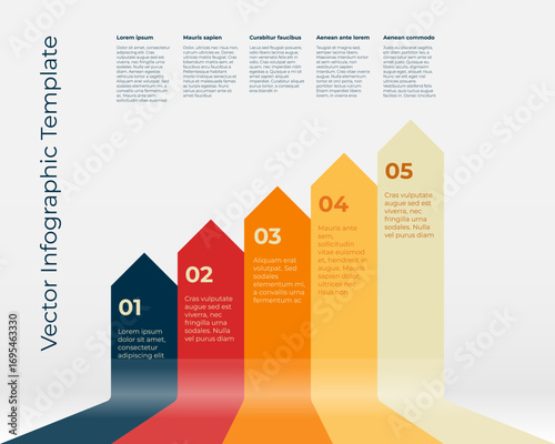 Vector infographic with colorful ribbons in red, orange, and dark blue, forming a growth diagram with text explanation for business development concept