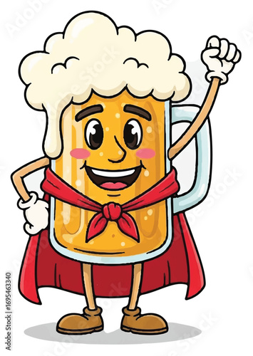 A cheerful cartoon beer mug character with a foamy head, wearing a red superhero cape, and raising a fist in a triumphant pose.