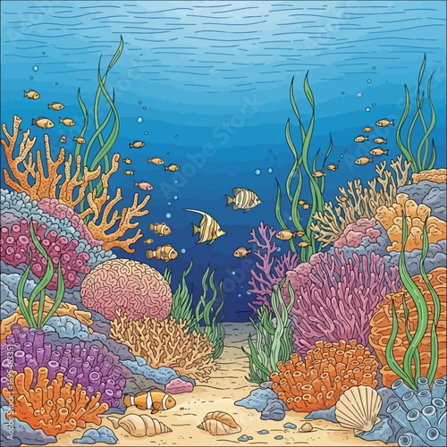 Vibrant underwater coral reef teeming with diverse marine life and aquatic plants, creating a stunning ocean landscape