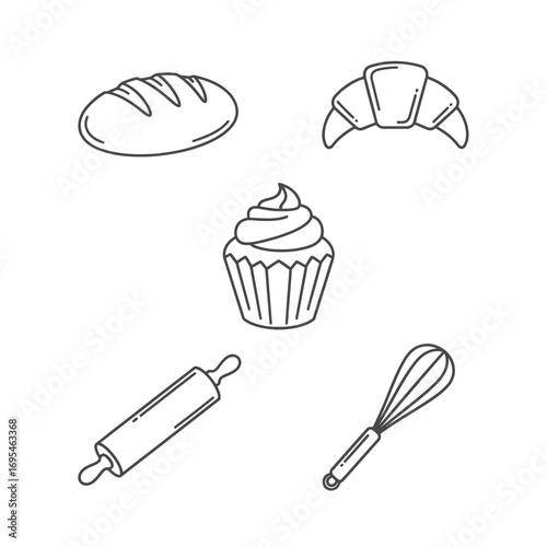 A collection of hand-drawn line art icons featuring essential baking ingredients and tools, perfect for culinary projects, menus, or recipe designs