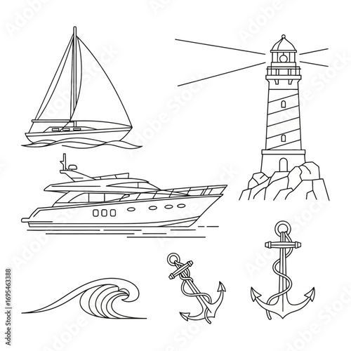 A nautical adventure and sea travel concept illustration set featuring a yacht, sailboat, lighthouse, and anchor icons