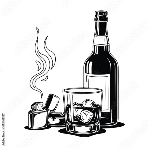 Illustration of a whiskey bottle, glass with ice, lighter, and ashtray.