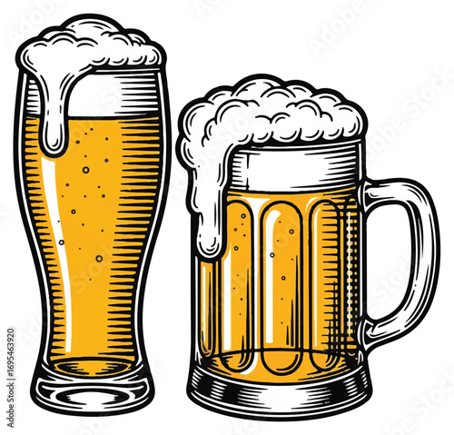 Two glasses of foamy beer, one tall, one mug.