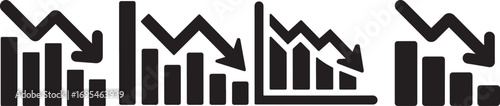 Falling bar chart with downward arrow symbolizing financial loss, economic decline, crisis, stock market drop, recession, negative growth and business failure concept illustration.
