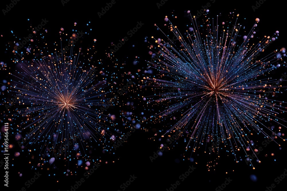 Fototapeta premium Two vibrant, digital fireworks explode on black