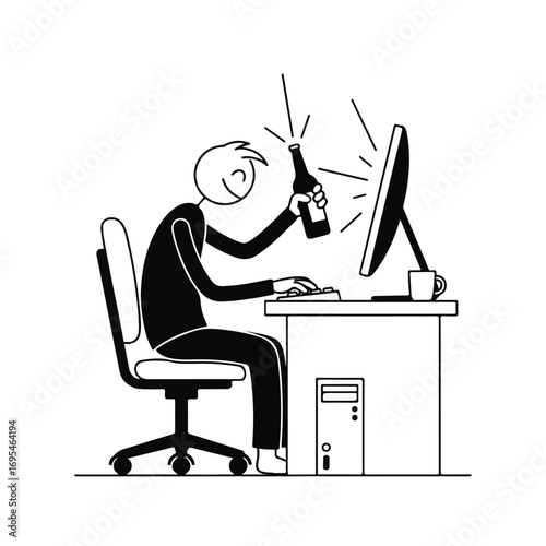 Person celebrating a computer achievement with a bottle of beer.