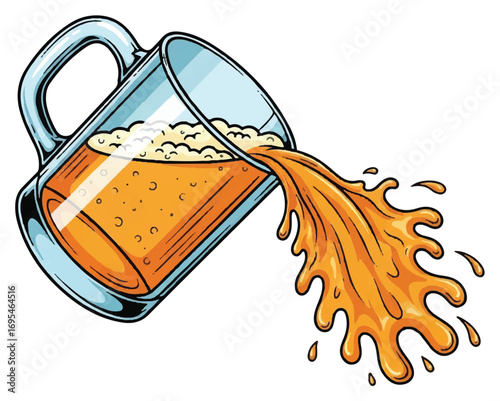 A clear glass mug tilted, pouring out a frothy, orange-colored liquid with splashes, against a white background.