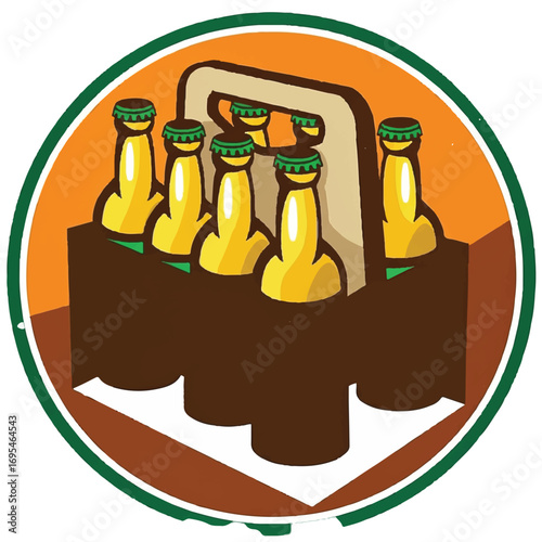 Illustration of a six-pack of beer bottles in a cardboard carrier, inside a circular frame.