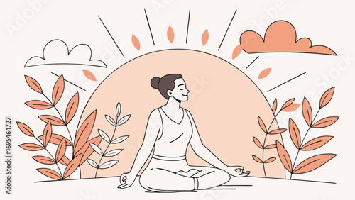 Woman meditating outdoors at sunrise with plants and clouds