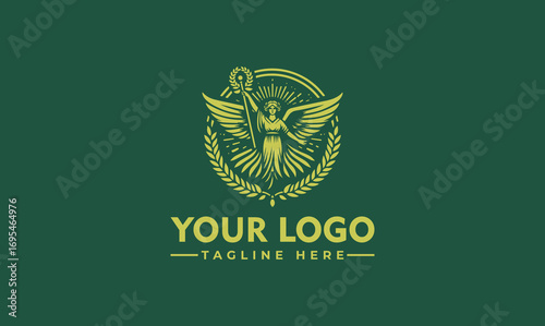 Vintage logo design featuring a winged figure holding a staff, encircled by a wreath.