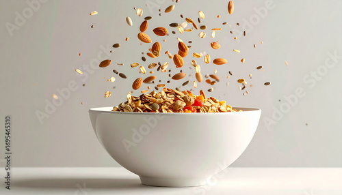 Granola Bowl of Goodness: A captivating image of a ceramic bowl artfully filled with a hearty mix of granola, alongside almonds and assorted grains in motion, representing breakfast and healthy food.