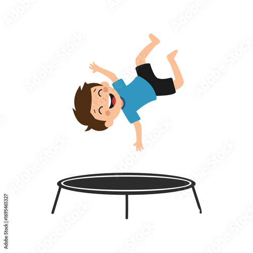 Cartoon Boy MidAir Somersaulting Above Trampoline Smiling with Joyful Expression.
