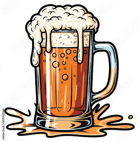 A cartoon illustration of a frosty glass mug of beer with a thick, overflowing foamy head and splashes.