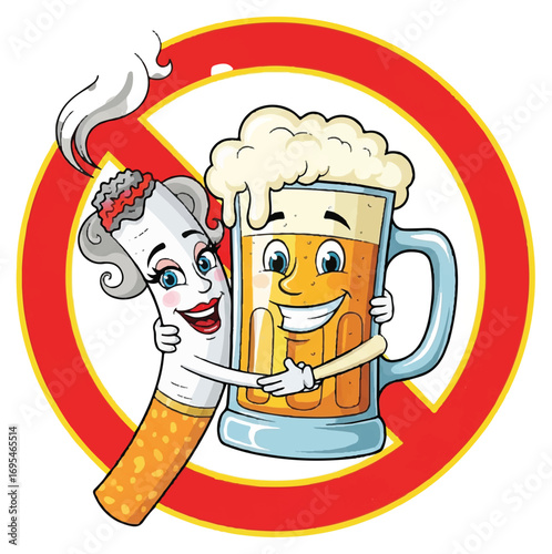 A cartoon illustration depicting a cigarette and a beer mug embracing each other within a red prohibition sign, symbolizing the dangers of combining smoking and drinking.