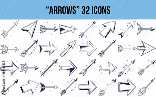 Arrow icons set in various designs and orientations on white background  