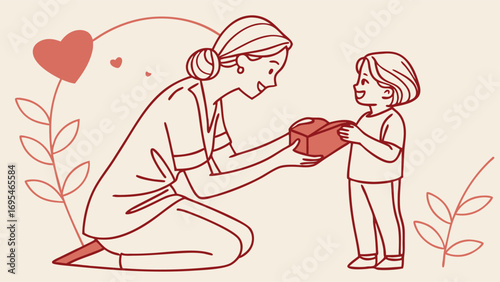Mother giving a gift to her child, a heartwarming moment of joy