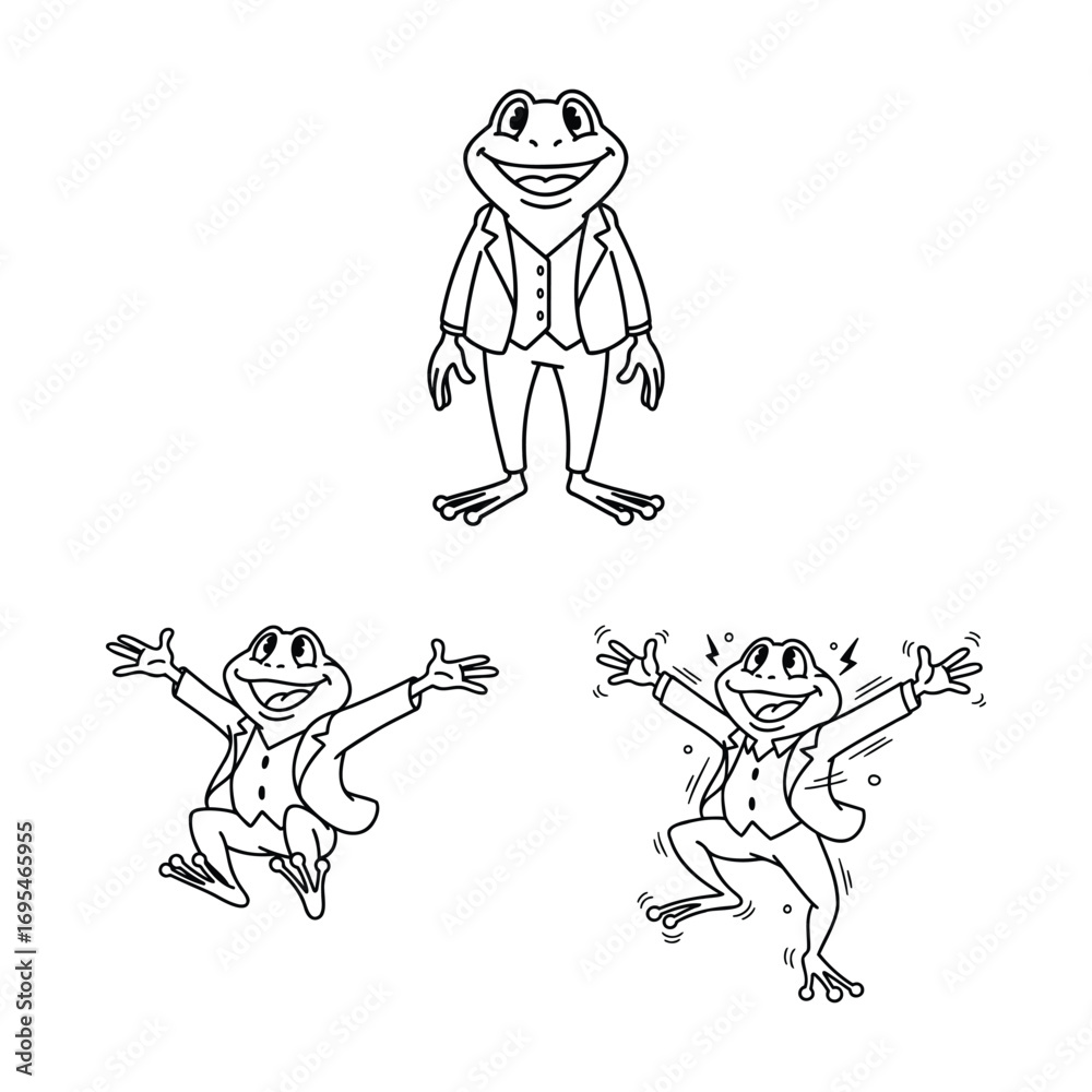 Fototapeta premium A character pose set of a cartoon frog in a suit, showing a range of emotions from calm to jumping with joy. A perfect illustration for a storybook or animation.