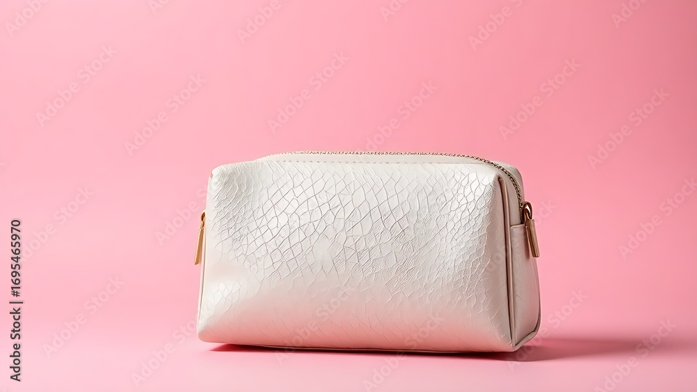 Fototapeta premium Elegant cosmetic bag on soft pink background, highlighting texture and design.