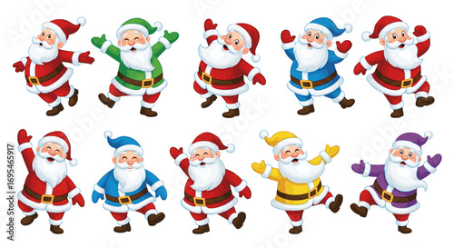Cartoon illustrations depicts a cheerful and jolly Santa Claus in a variety of dynamic, happy dance poses. Each Santa is playfully colored in a different vibrant hue.