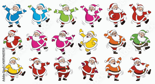 Cartoon illustrations depicts a cheerful and jolly Santa Claus in a variety of dynamic, happy dance poses. Each Santa is playfully colored in a different vibrant hue.
