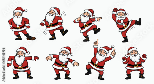 A lively set of cartoon illustrations depicts a cheerful and jolly Santa Claus in a variety of dynamic, happy dance poses. 