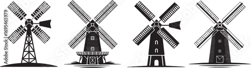 Vintage black and white vector illustration of traditional windmills with detailed blades and structures, perfect for energy, agriculture, history, rural landscape, and architectural design concepts.