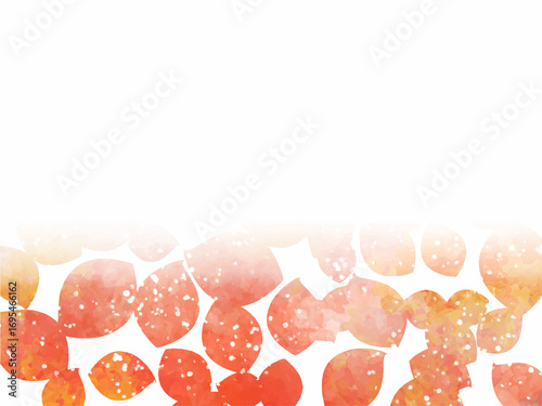 秋の紅葉のイメージの背景素材。水彩風テクスチャー。紅葉の葉っぱのシルエット。鮮やかな色調。ふんわりした光の輝き。コピースペース。フレーム。