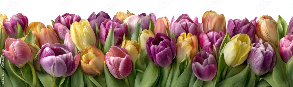 Fototapeta premium A close-up of a row of colorful tulips against a bright white background, showcasing a variety of hues and textures