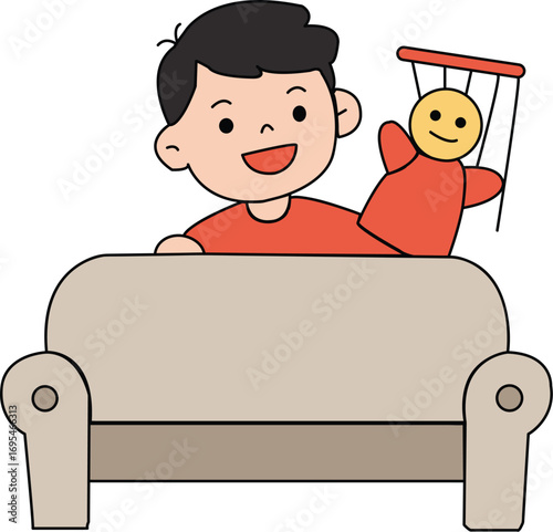 Cartoon Boy Playing with a Red Puppet on a Beige Sofa.