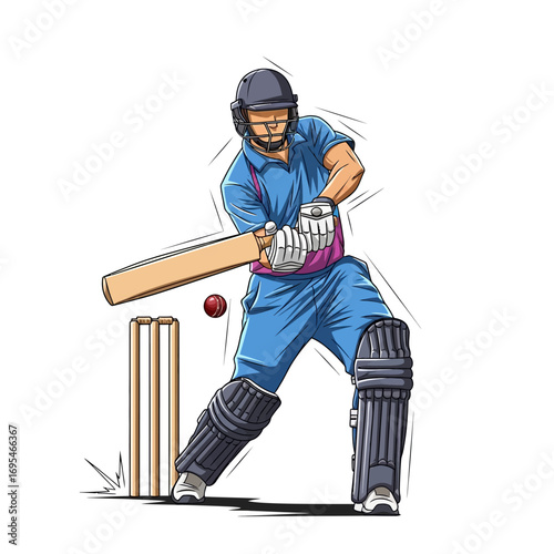 Dynamic cricketer powerfully swings bat at ball, aiming for a winning score during intense match action, capturing sport excitement
