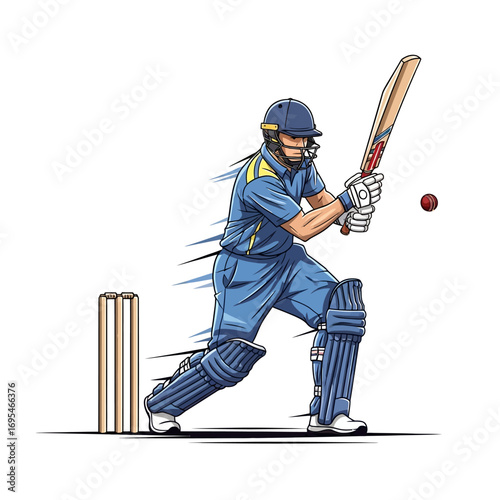 Dynamic cricketer in action, poised to strike the ball with intense focus and powerful swing, showcasing athleticism and sportsmanship
