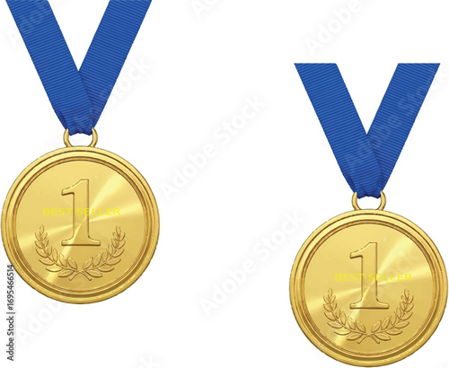 image, both gold medals with blue ribbons now have the words **"BEST SELLER"** subtly added in yellow text just below the number 1 on each medal.