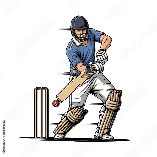 Dynamic cricket player swinging bat with incredible skill and precision, ready for action at the stadium, a powerful sports illustration