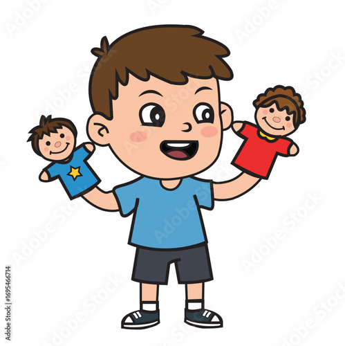 Cartoon Boy Playing with Hand Puppets Smiling Wearing Blue Shirt and Black Shorts.